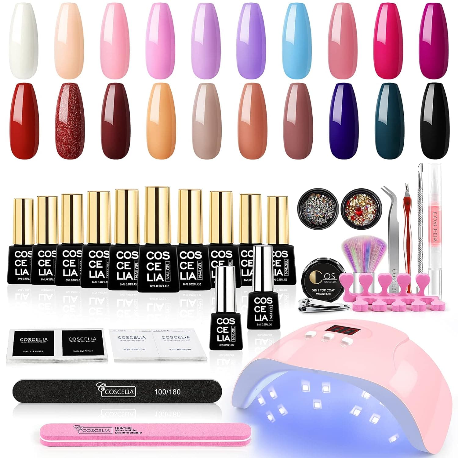 COSCELIA Gel Nail Polish Kit with UV Light 36W Nail Lamp 20Pcs White Red Black Brown Colors Gel Nail Polish Winter Colors Base and Top Coat Manicure Tools Nail Art Starter Kit