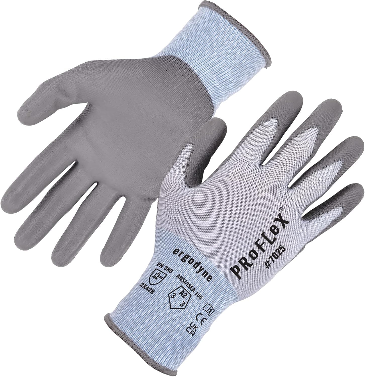Ergodyne ProFlex 7025 Cut Resistant Work Gloves, ANSI A2, PU Coated Palms for Flexible No Slip Grip, Abrasion Resistant, Superior Fit and Feel, 18g