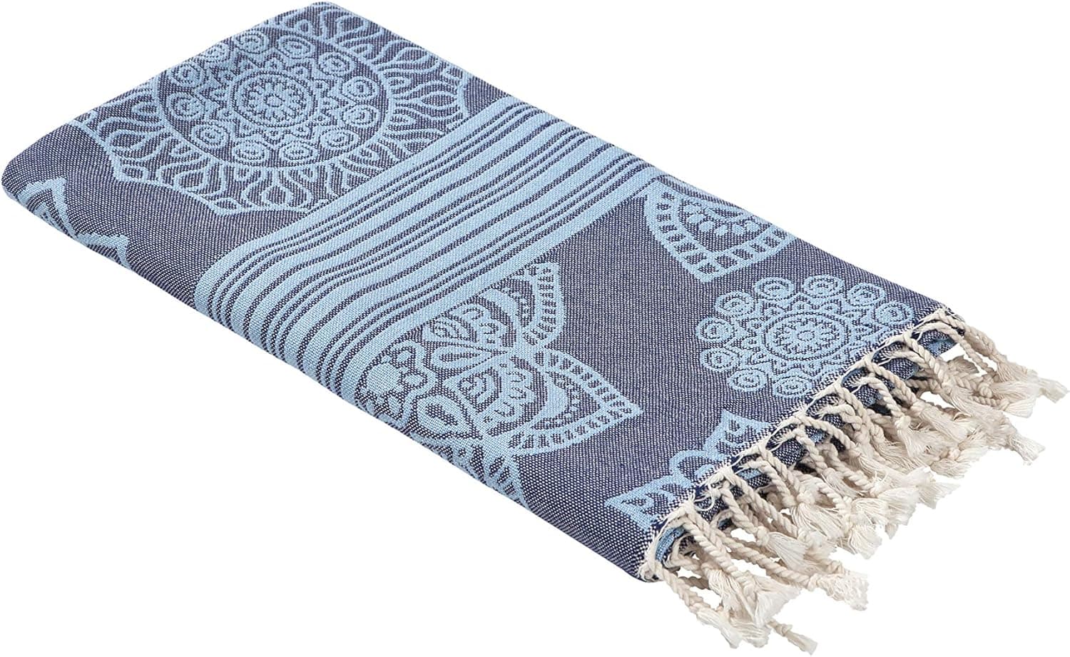 InfuseZen 100% Cotton Peshtemal, Reversible Turkish Towel for The Bath, Beach or Pool, Thin Fouta Towel for Travel, Gym, Yoga, Spa, 68 inches x 37 inches (Navy)