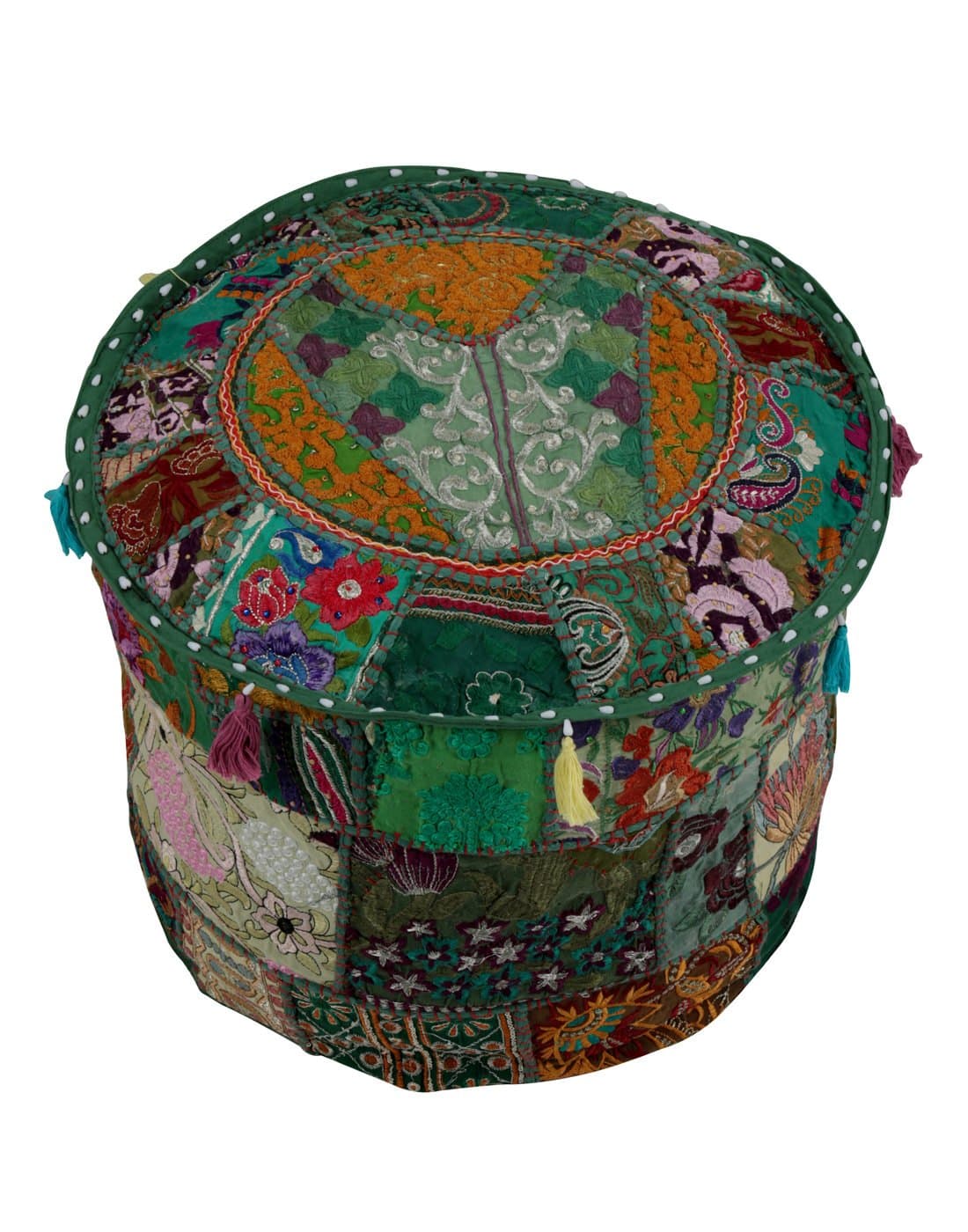 Traditional Green Ottoman Cover Pouf Home Decorative Living Room Foot Stool Vintage Indian Ottomans Pouf Covers Handmade Patchwork Embroidered Floor Chair Cushion Cover by Rajrang