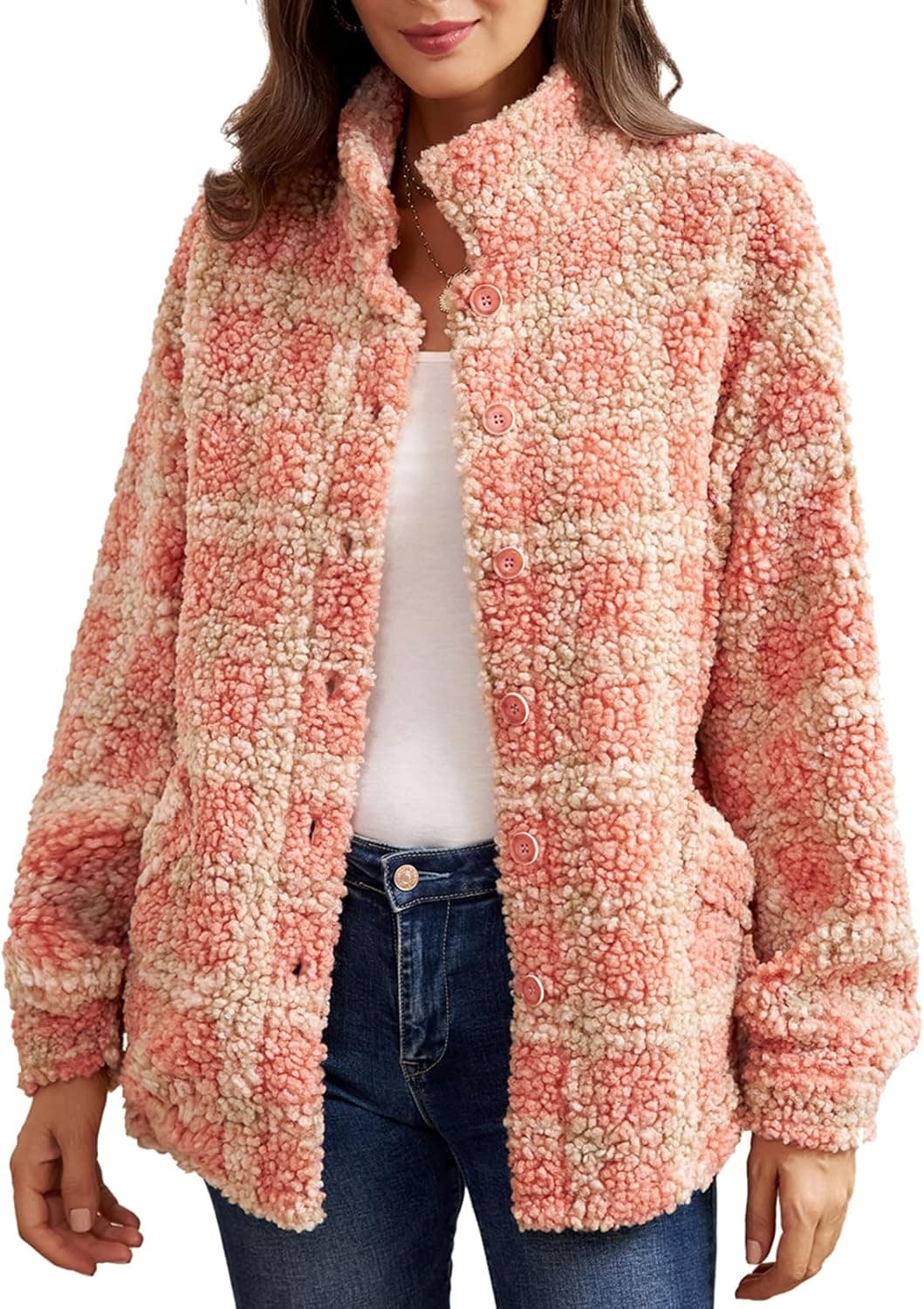Women Long Sleeve Jacket Coat Fleece Warm Button Outwear Pockets Pink Plaid L