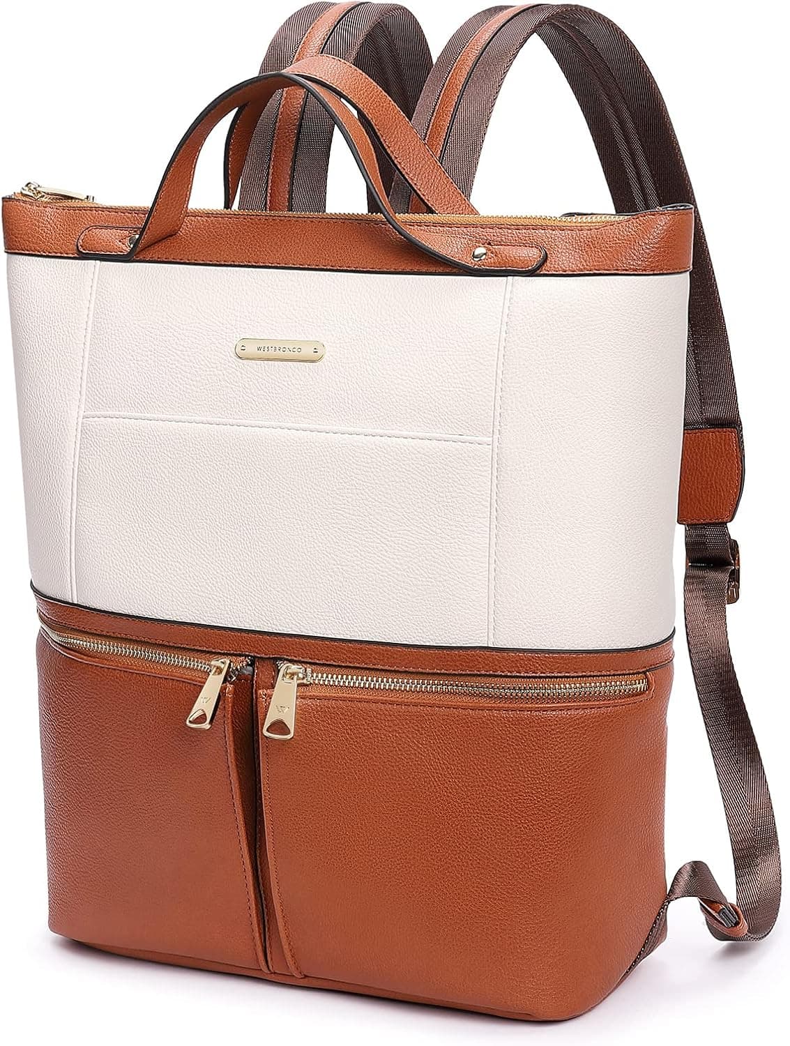 WESTBRONCO Laptop Backpack for Women, Leather Backpack Casual Daypack Fits 14 Inch Computer, Wide Top Open College School Backpack, Teacher Backpack Nurse Work Bag Brown