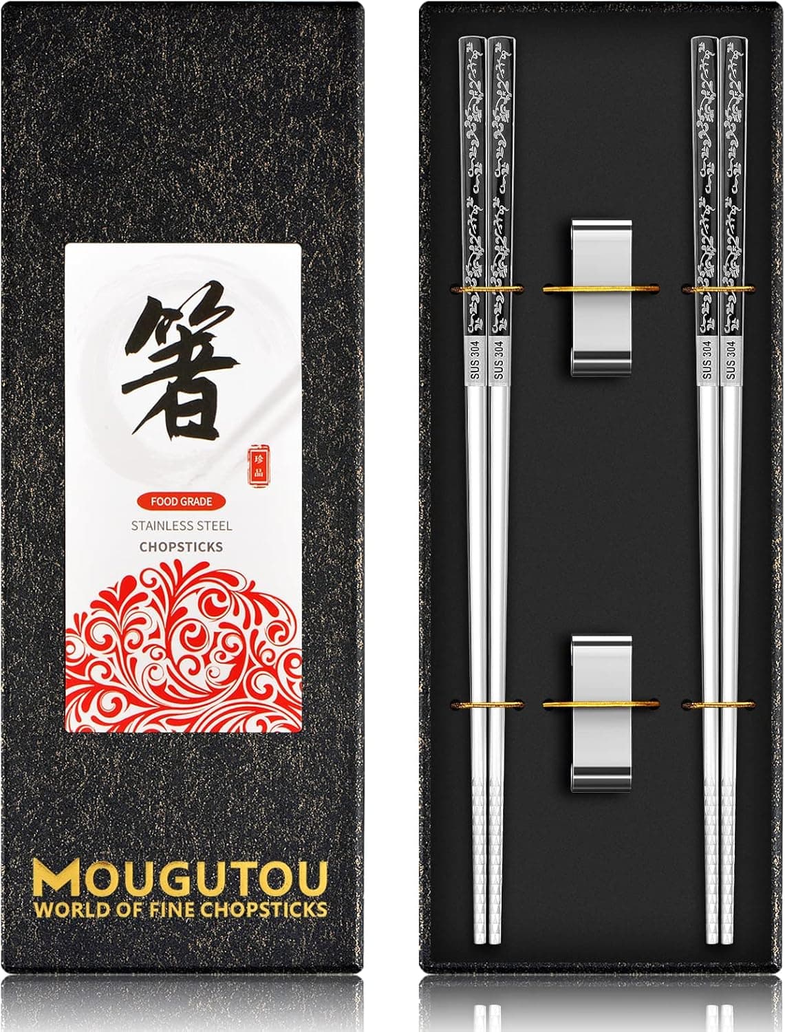 Metal Chopsticks Reusable Chop Sticks 2 Pairs with Holder Non-slip Titanium Plated Stainless Steel Chopsticks Japanese Korean Chopstick Dishwasher Safe Exquisite Pattern MOUGUTOU Gift Set (Black)