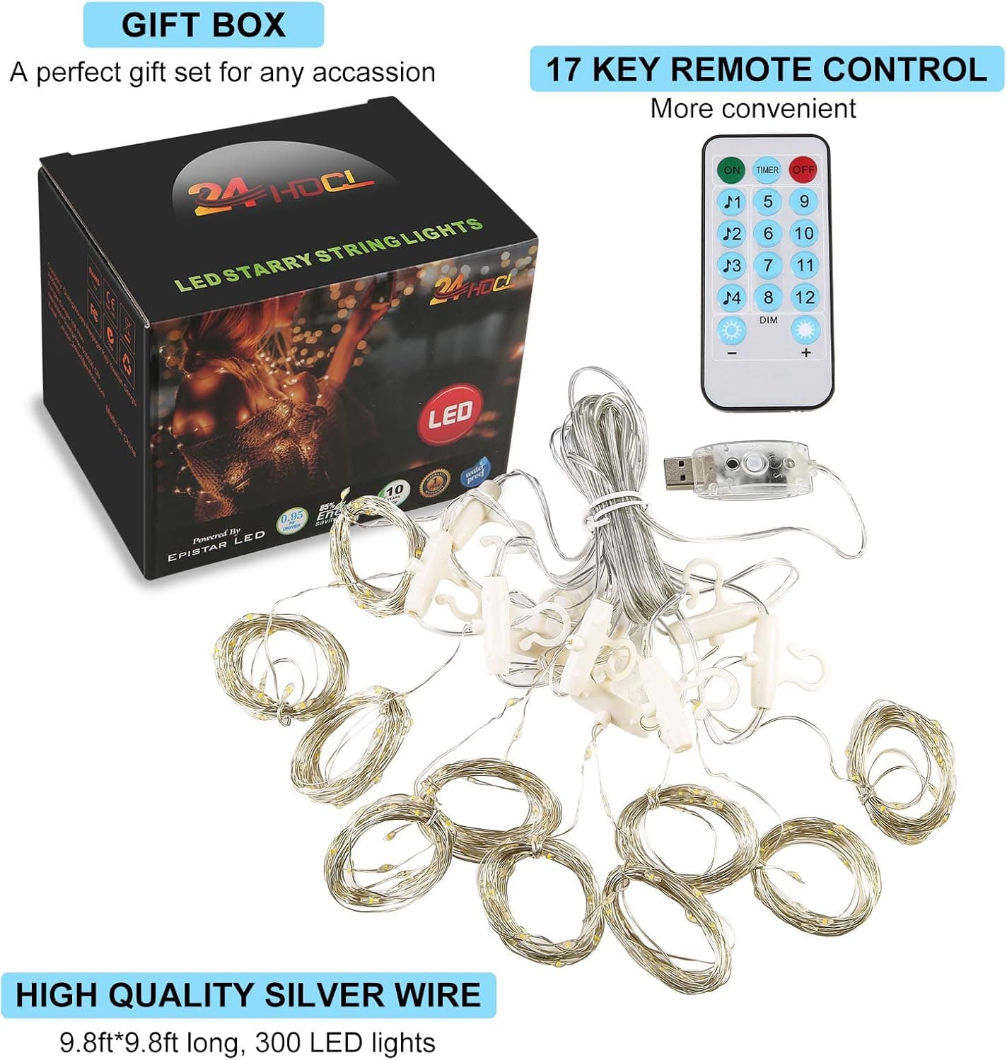 24HOCL Curtain String Lights, 12 Lightning Modes USB Powered Fairy Lights String with Sound Activated & Timer Function for Bedroom Wedding Party Valentine's Day Outdoor Indoor Decor (Warm White)