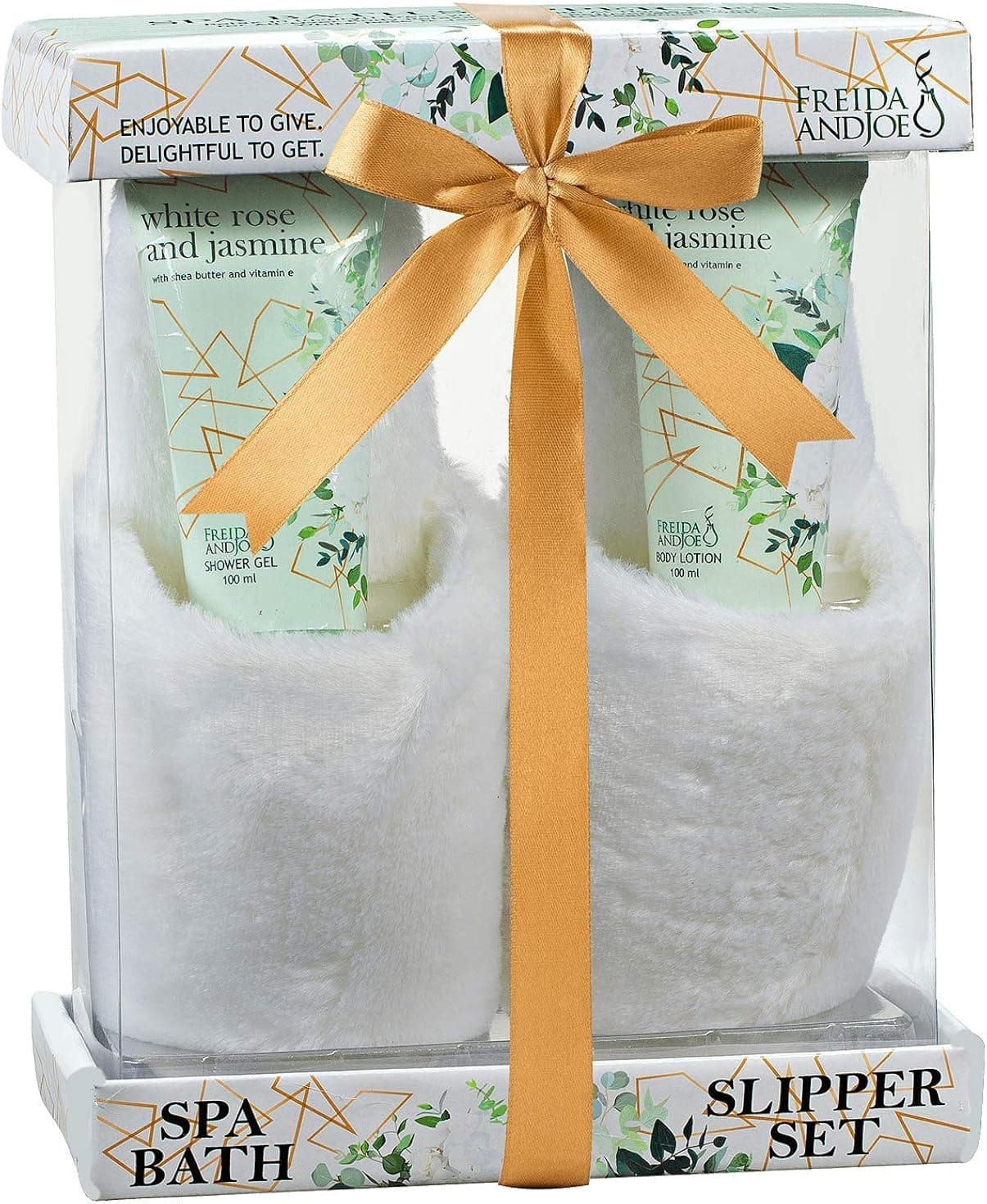 Home Spa Slippers Set Bath Gift Basket - White Rose Jasmine Fragrance - Luxury Bath & Body Set For Women - Contains Body Lotion and Shower Gel, Plush Cozy Close Toe Slippers Perfect for Holiday