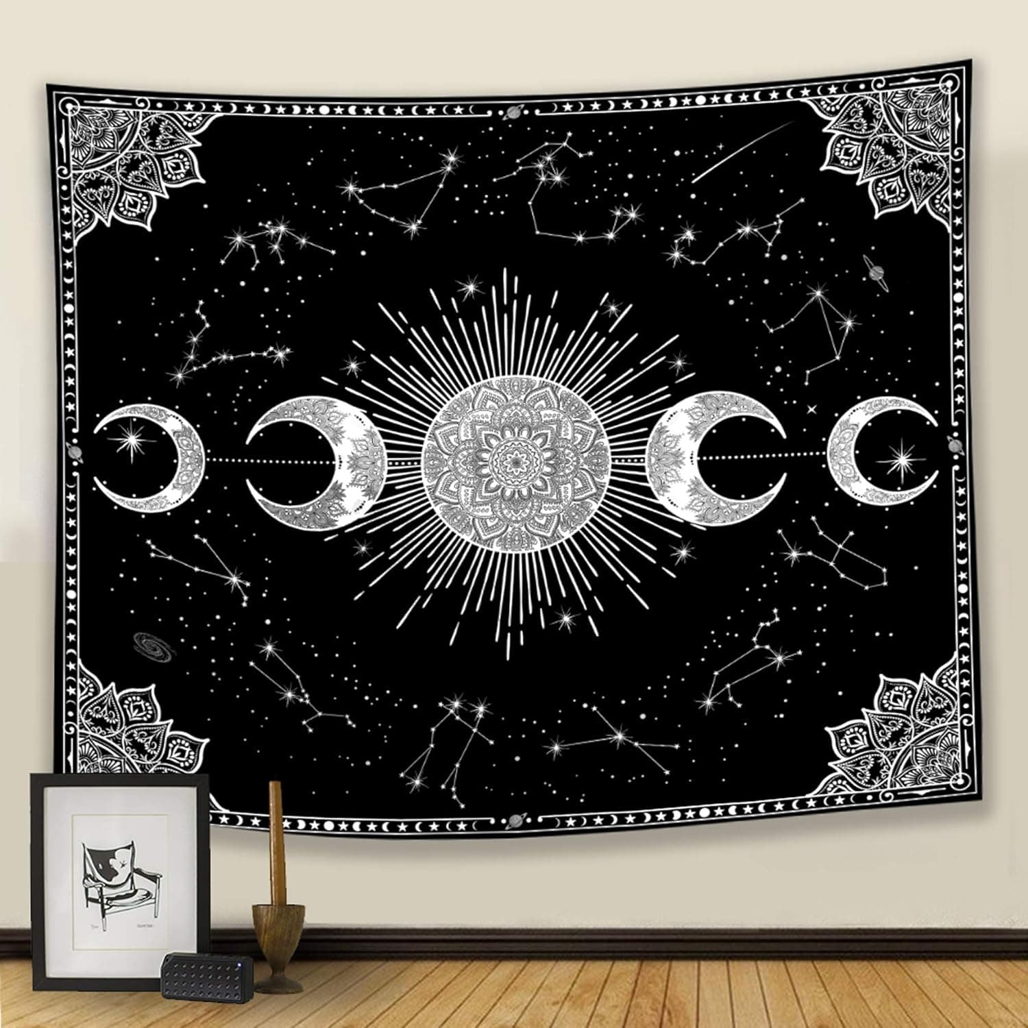 pinata Sun Moon Tapestry Moon Phase Tapestry Wall Hanging, Black and White Moon Constellation Tapestry Psychedelic Bohemian Moon Tapestry for Room Bedroom Dorm Decor (51.2” x 59.1”)