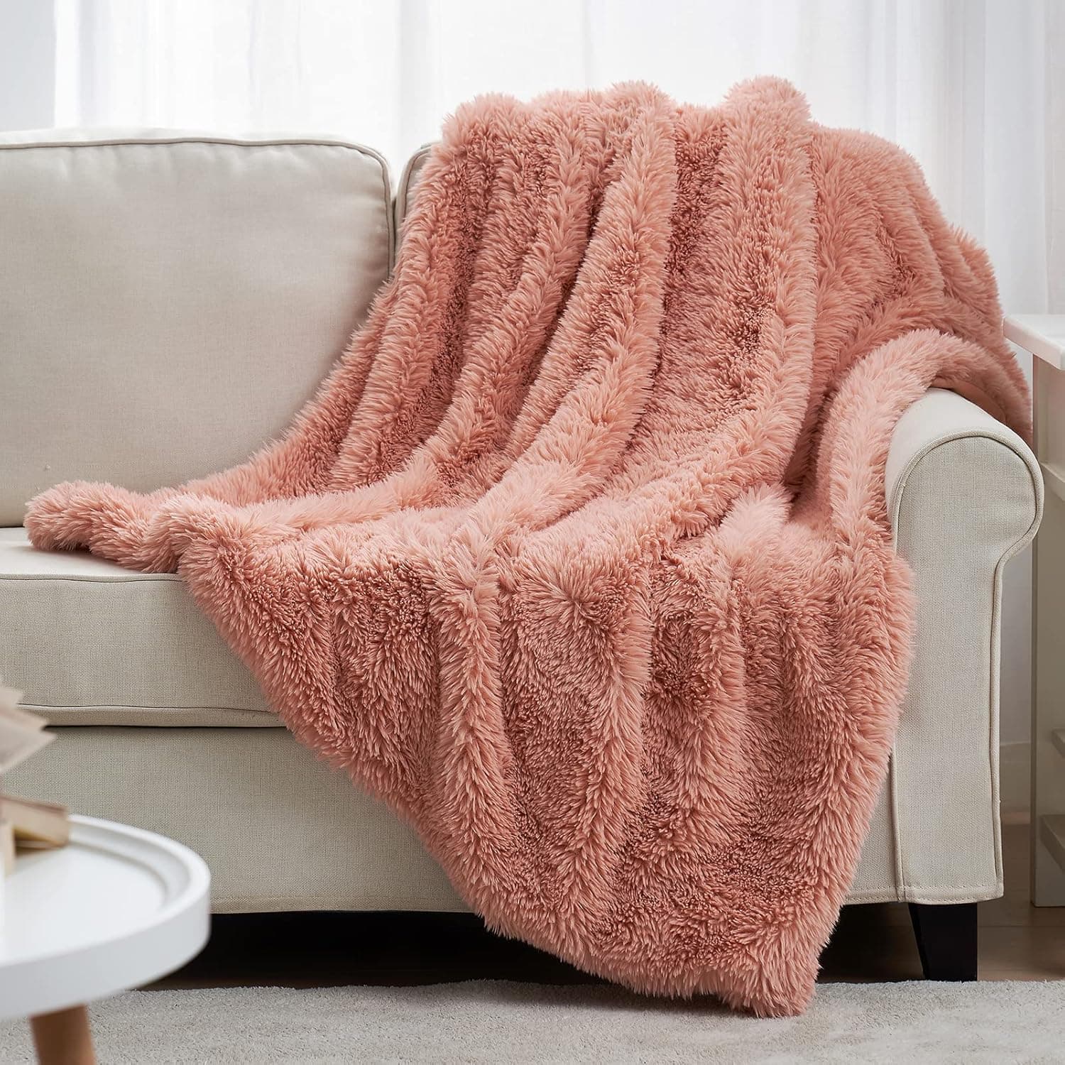 Cozy Bliss Super Soft Fuzzy Faux Fur Throw Blanket for Couch 50"x60", Long Hair Fluffy Shaggy Throw Blanket, Luxury Plush Decorative Throw Blanket for Sofa Bed (50" x 60", Dusty Pink)