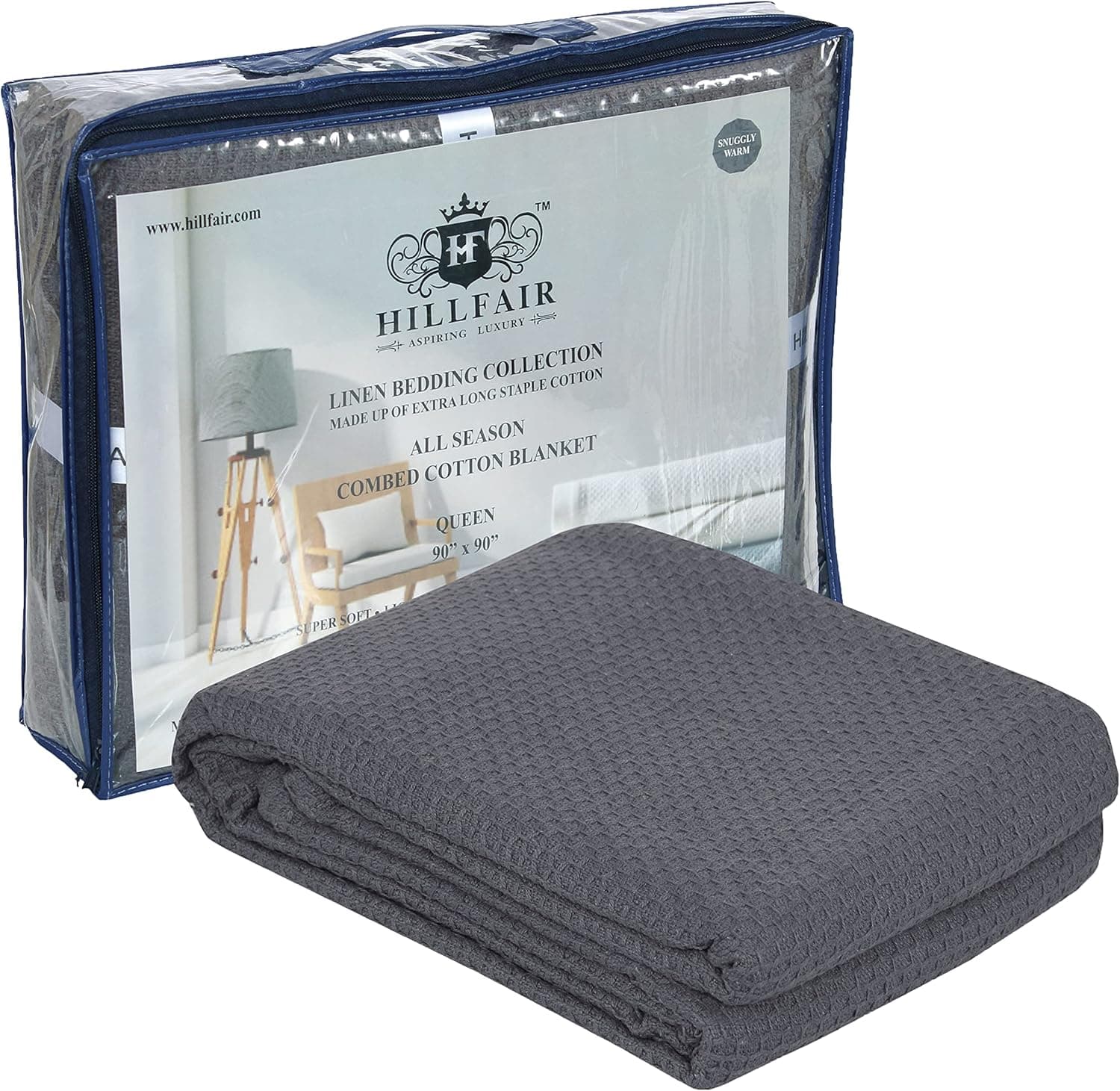 HILLFAIR 100% Cotton Blanket King Size 90"x108" - Luxury Decorative Soft Breathable Skin-Friendly Cotton Bed Blankets for All Season- Perfect Textured Blanket Layer for Couch Bed Sofa- Grey King