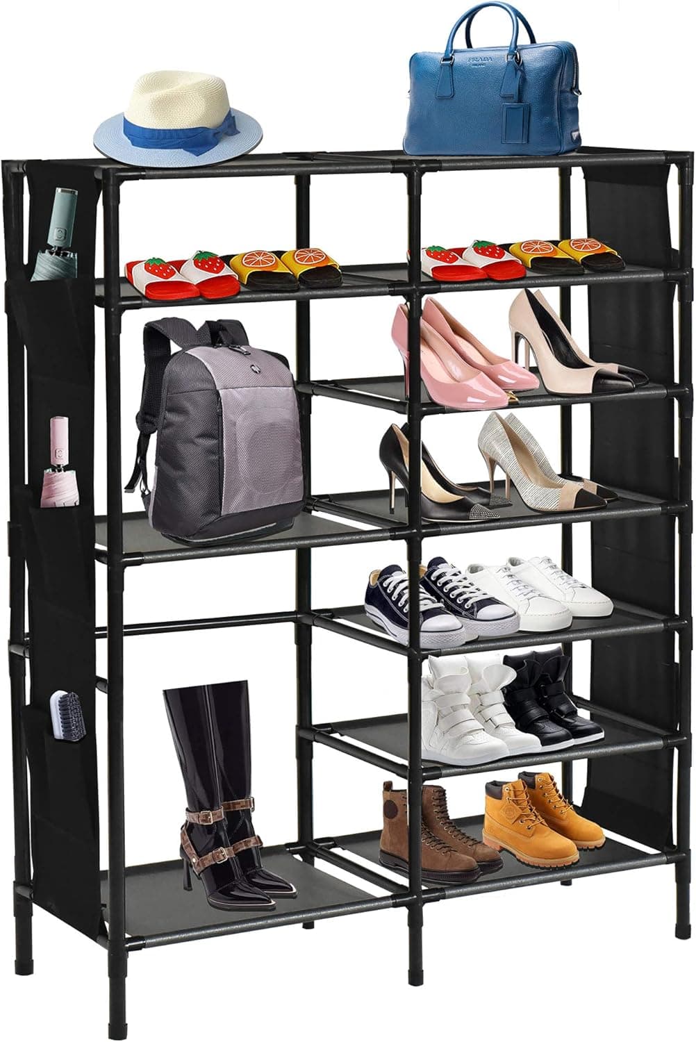 WAYTRIM Shoes Shelf, Non-Woven Fabric Shoe Storage Organizer with Side 6 Shoes Pockets, Stackable Shoe Tower Metal Shelves Shoe Rack, Closet Portable Boot Organizer Shoe Rack Space Saving - Black