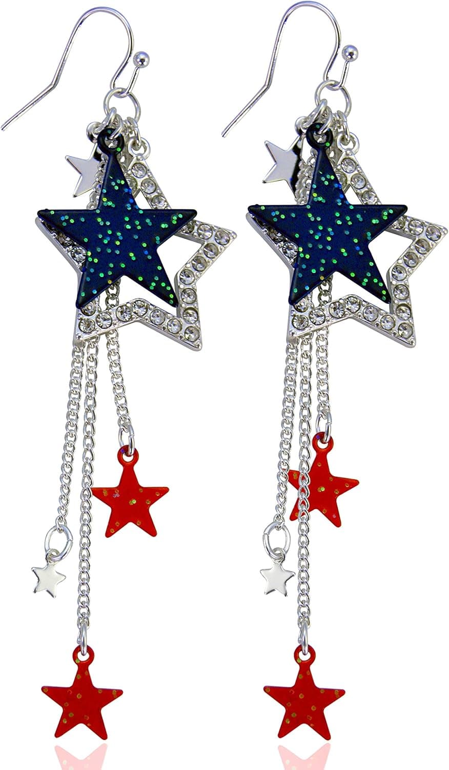 XS Accessories Patriotic American Red White and Blue Shining Stars Dangle Earrings with Crystals for 4th of July and Memorial Day