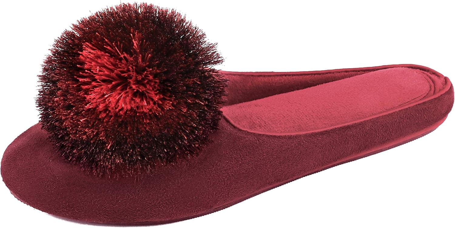 BCSTUDIO Women's Furry Tassel Pom Memory Foam House Slippers with Non Slip Rubber Sole