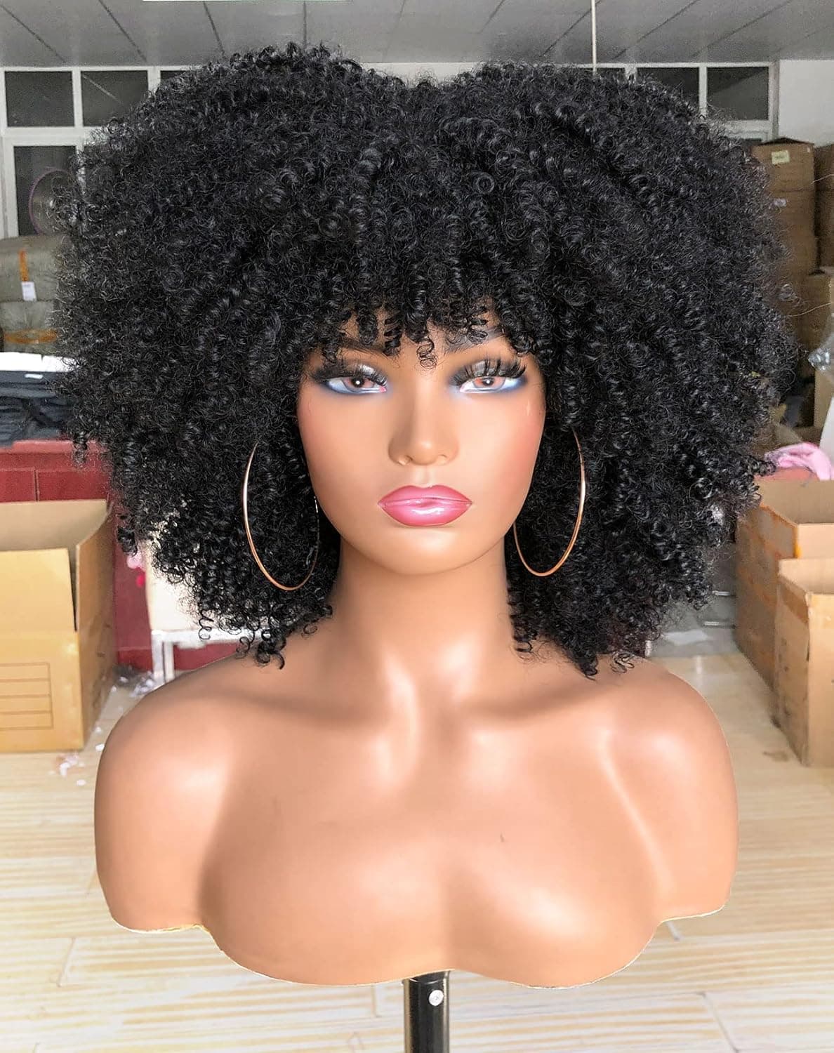 Muswanna Short Curly Afro Wig with Bangs Kinky Curly Hair Wig for Black Women Synthetic Full Wigs (Black