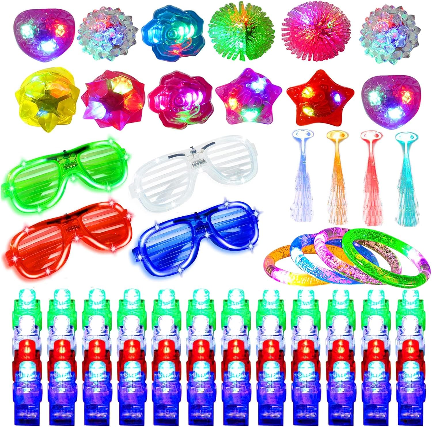 kunmark 72PCs LED Light Up Toys Party Favors Glow in The Dark Party Supplies, Glow Stick Party Pack for Kids Including 48 Finger Lights,12 Jelly Rings,4 Glasses ,4 Bracelets,4 Hair Lights ¡