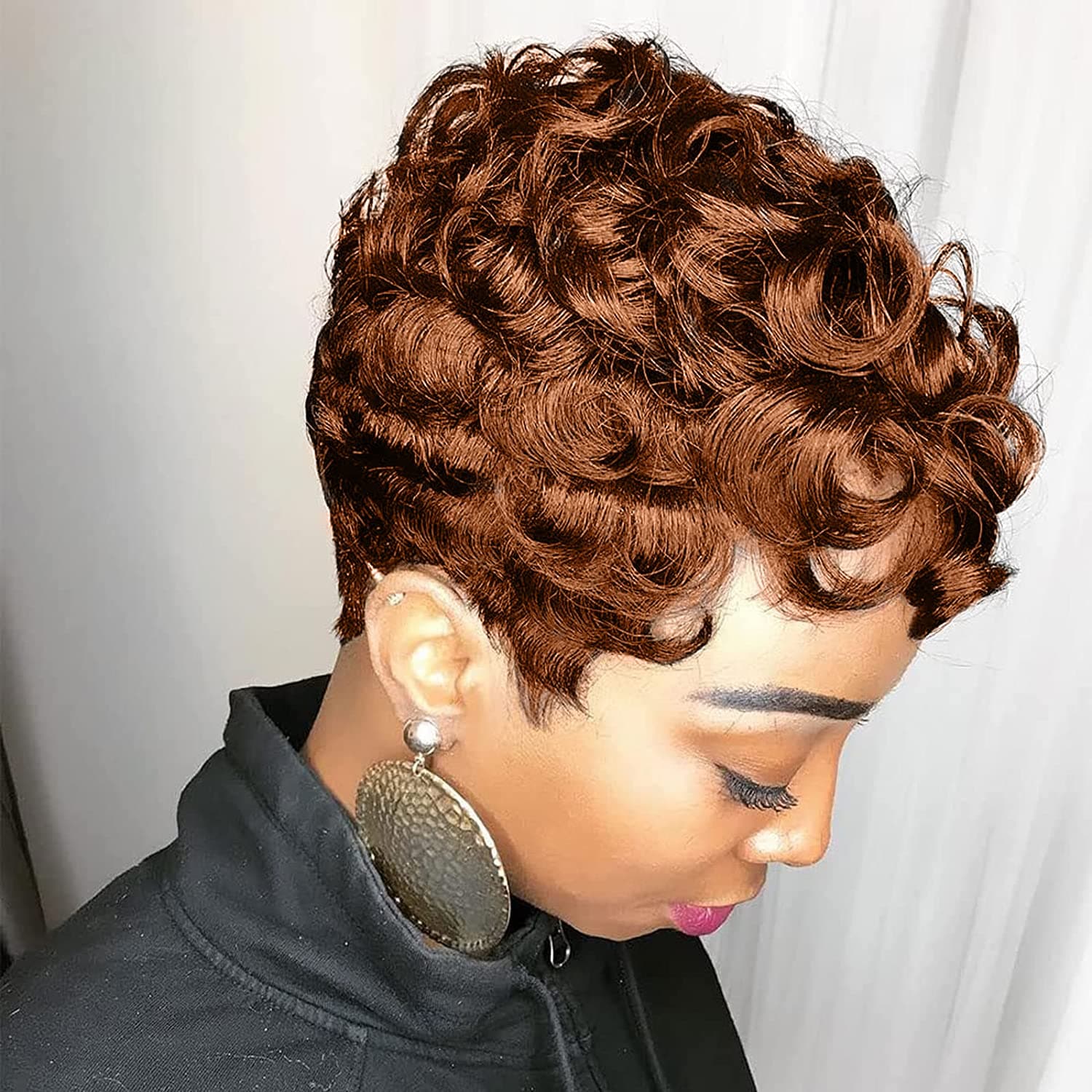 Rofa Short Wigs for Black Women Pixie Cut Wig Short Curly Wigs for Black Women Natural Wavy Layered Replacement Wig with Bangs (Auburn Brown)