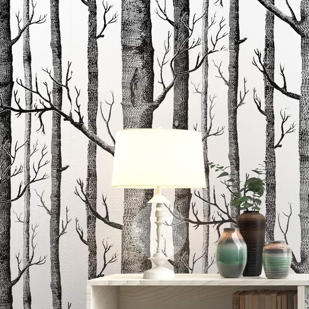 PANGDOU Waterproof Birch Tree Removable Contact Paper, Peel and Stick Self-Adhesive Wallpaper,Black and White Removable Wood Stick Wallpaper,Home Decoration 17.7''x236.2''