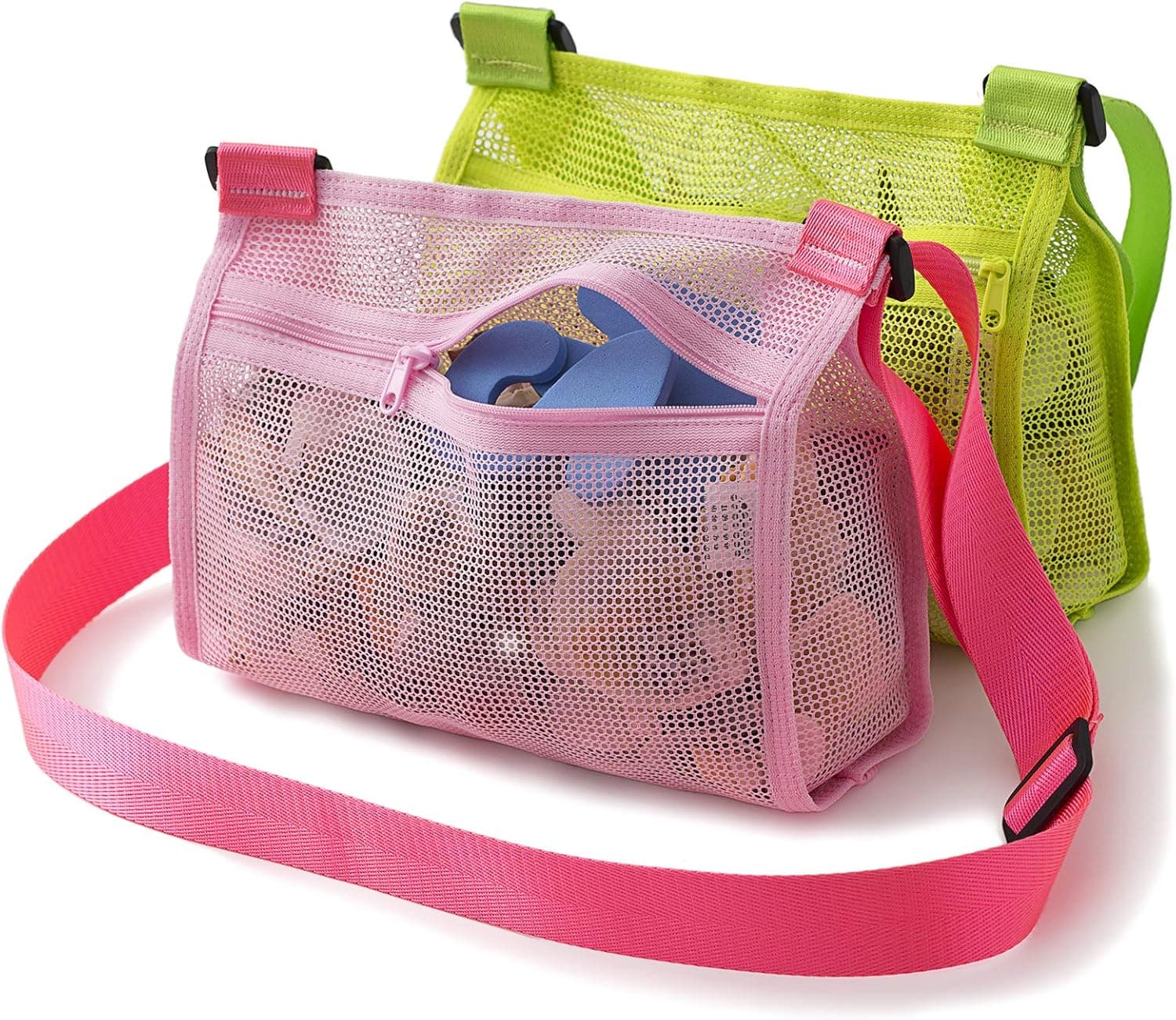 Tenrai Zippered Shell Bag, Prevents The Shell from Falling Out. Larger Capacity Beach Toy Bag, Wider Straps Reduce Shoulder Pressure. Smoother Fabric Protect Baby's Skin (Pink & Green, 2 Packs)