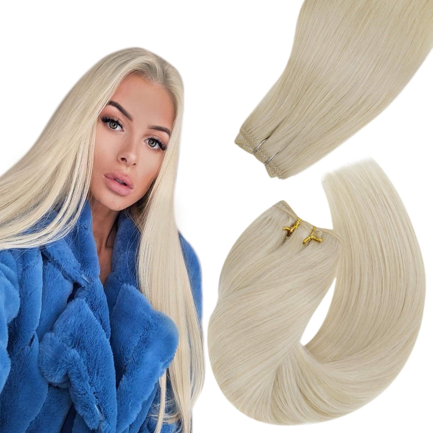 Easyouth Sew in Hair Extensions Real Human Hair Color Platinum Blonde Remy Weft Hair Extensions Weave in Brazilian Hair Bundles 80g 16Inch