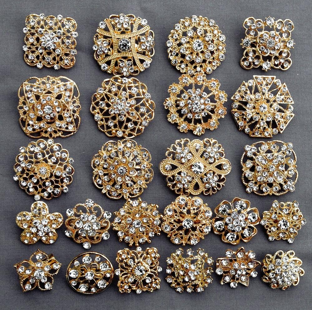 24 pcs Gold Rhinestone Brooch Crystal Brooches Wedding Invitation Cake Decoration Brooch Bouquet Kit Wholesale Lot BR680