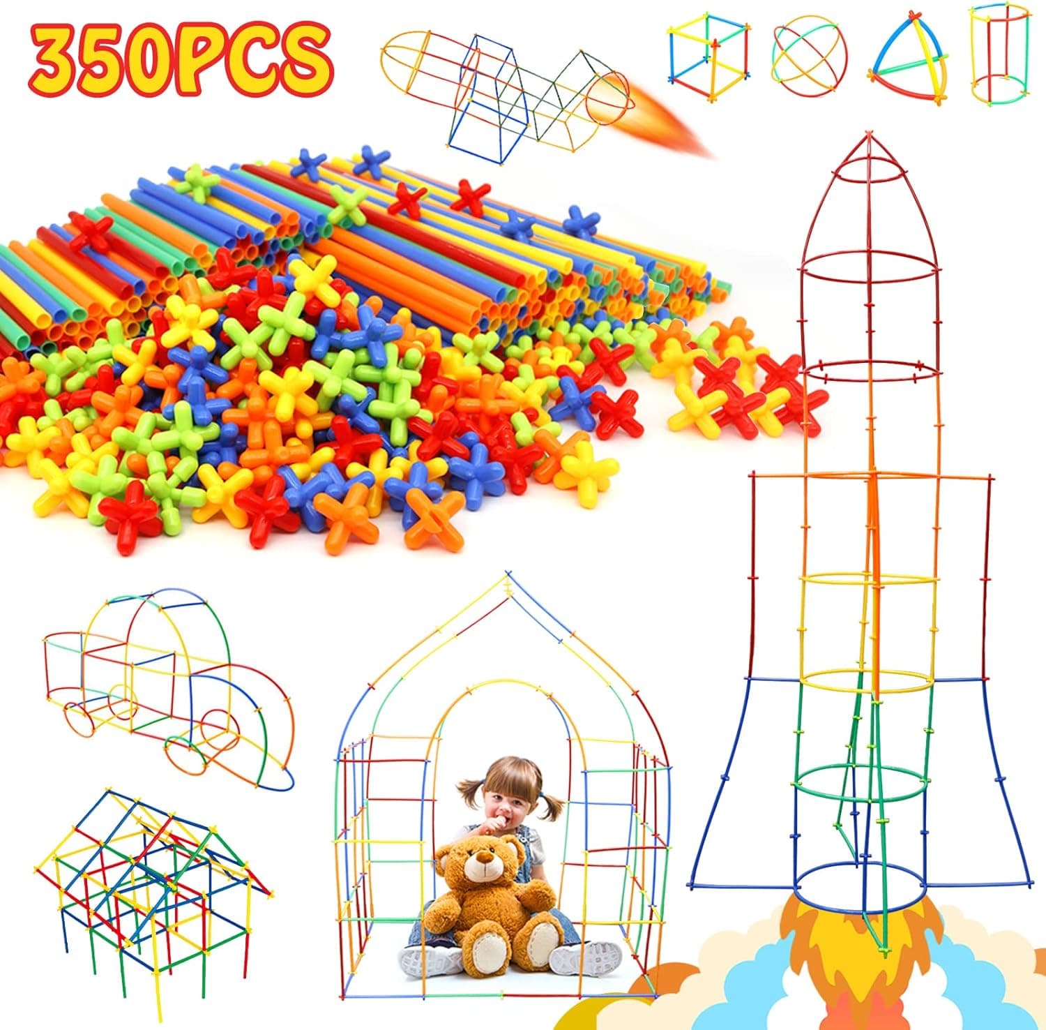 Straw Constructor Toys 350Pcs STEM Building Toys aged for 3 4 5 6 7+ Preschool Kids Toy Thin Tube Toy DIY Educational Toy Interlocking Plastic Toys Kit for Engineering Toys for Boys and Girls Gift