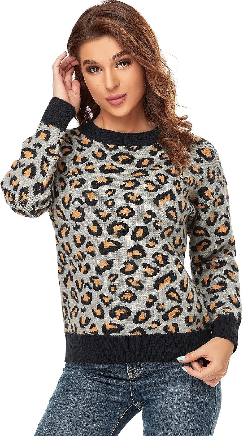 WINDZIYU Winter Long Sleeve Sweater Round Neck Ladies Casual Top Leopard Print Knit Pullover