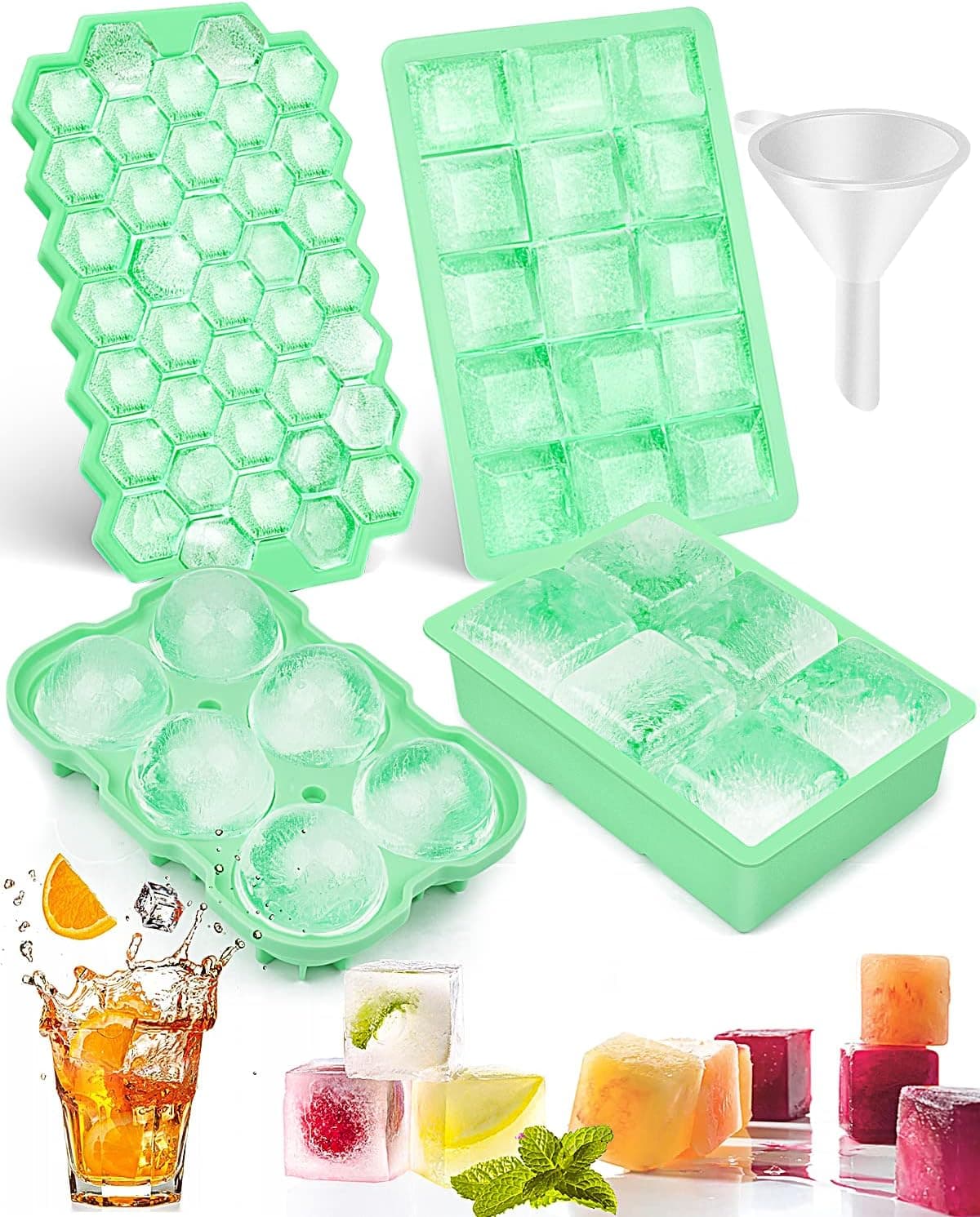 Warmodern Ice Cube Tray, 4 Pack Silicone Ice Trays for freezer,Large Square Ice Cube Molds,Sphere Ice Ball, Diamond Cut & Hexagonal Shapes Ice Maker for Whiskey With Funnel,Reusable and BPA Free