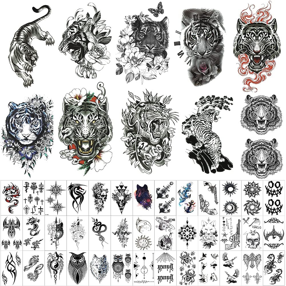 50 Sheets Forearm Half Sleeve Tiger Temporary Tattoos for Men Women Adults Fake Tattoos 3D Large Tribal Tiger Fake Tattoo Stickers Black Realistic Animals Art Tattoo