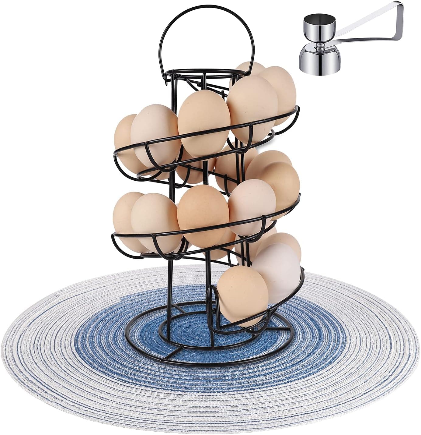 BABALIU Sturdy Large Stable Base Egg Skelter with Egg Opener and Placemat, Spiral Design Metal Iron Modern Egg Dispenser Drying Rack, for Kitchen Egg Storage Organizer - Black