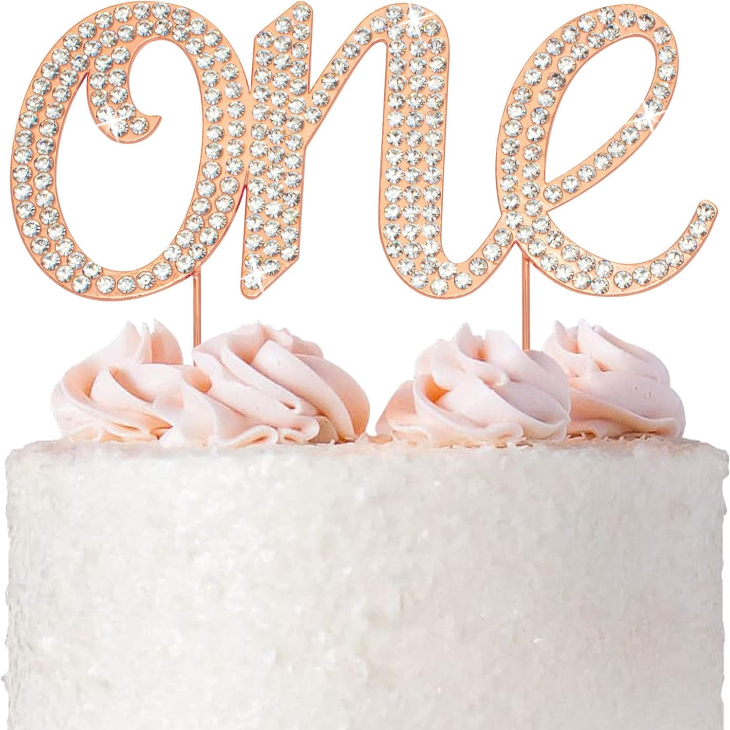 One Cake Topper - Premium Rose Gold Metal - 1st Birthday Party Sparkly Rhinestone Decoration Makes a Great Centerpiece - Now Protected in a Box