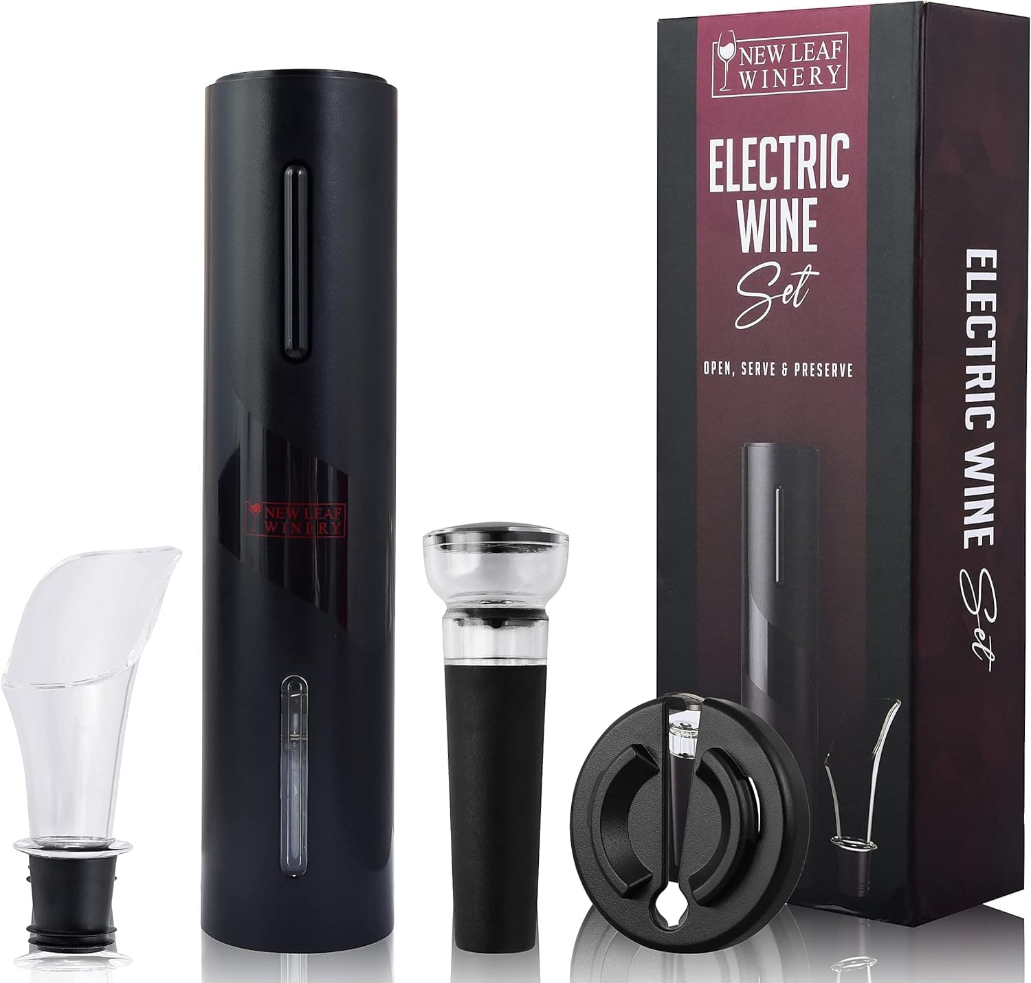 Electric Wine Opener Rechargeable Cordless Gift Set Corkscrew Base with Bottle Pourer Charging Vacuum Stopper and Foil Cutter
