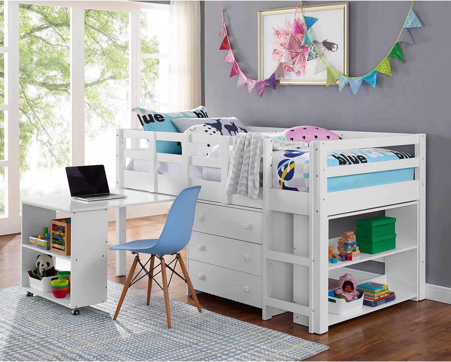 Naomi Home Twin Size Loft Bed with Desk Low Study Kids Twin Loft Bed with Storage Pine Wood Loft Bed Twin for Kids Twin Loft Bed with Cabinet Ladder, Safety Guard Rails, Bookcase Shelf, White