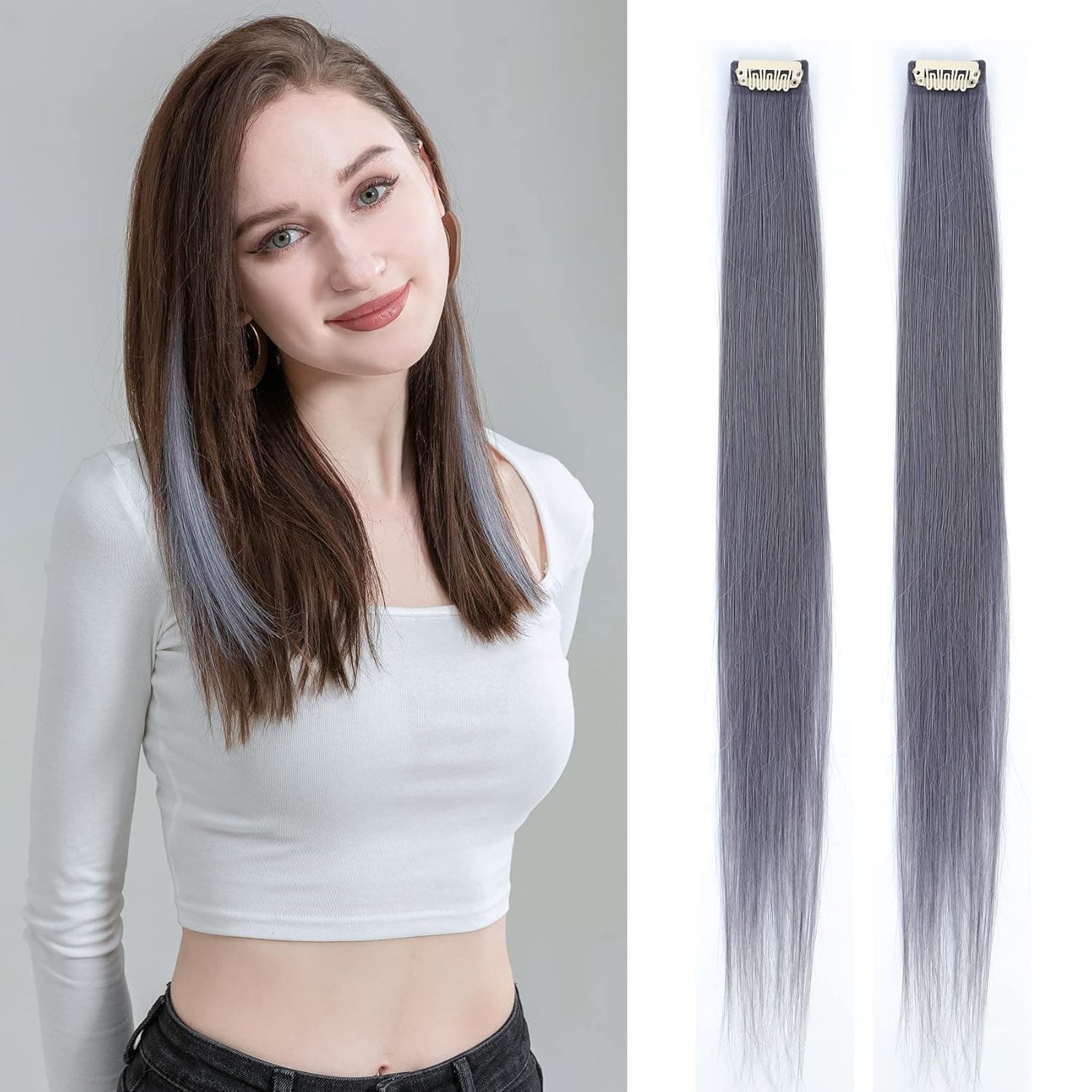 Clip In Colored Hair Extensions 18 Inch, Silver Grey Color Real Hair Extensions Clip In Human Hair, Remy Straight Hairpieces Highlights Clip In Hair Extension For Kids Girls Women 2 Pieces