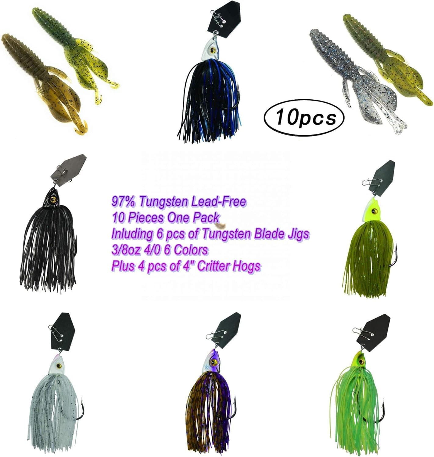 Wtrees Best Tungsten Flipping Pitching Swim Football Casting Jigs Set Kit Bulk for Bass Fishing (10 of Pack 3/8oz 4/0 Tungsten Blade Jigs Kit #12)