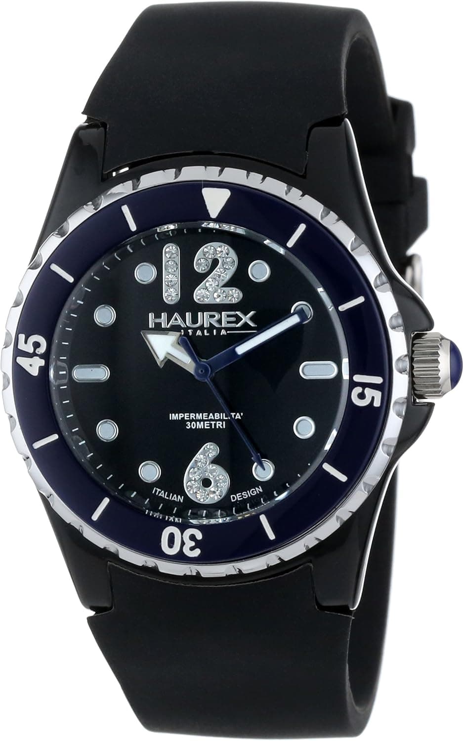 Haurex Italy Women's PN379DNB Beauty Black Dial Rotating Blue Bezel Crystal Watch