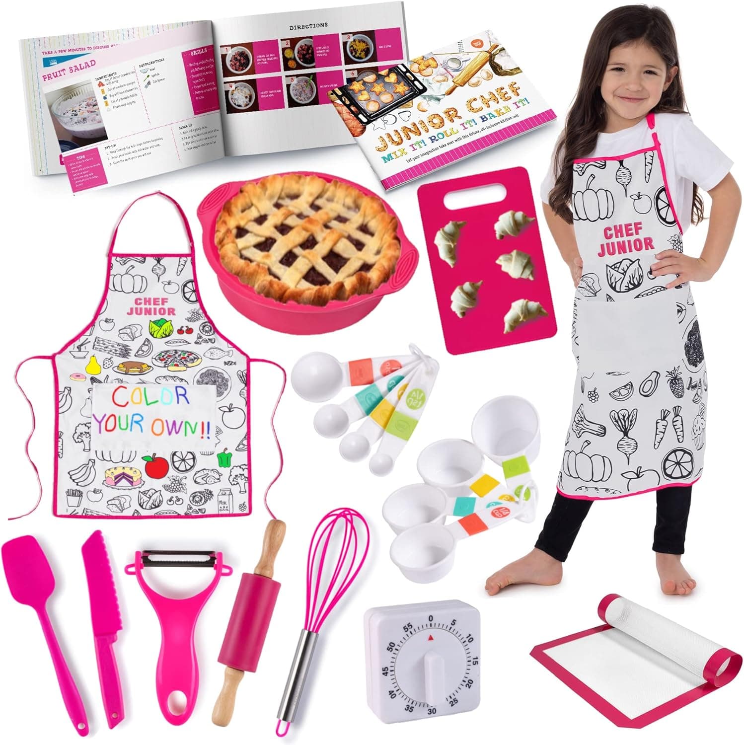 Born Toys Kids Baking & Kids Cooking Sets Real Accessories - 19 pcs of Complete Kids Cooking Utensils Includes Kids Knife, Cake Pan, Spatula, Kids Apron, Whisk, Peeler - Kitchen Set for Kids Ages 4-10