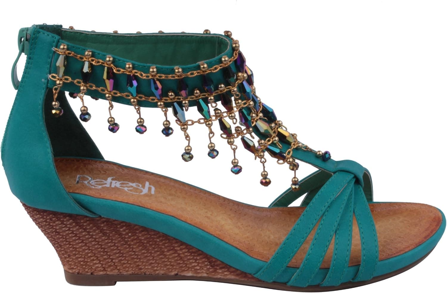 Refresh GINNY-12 Women's Mid Wedge T-strap Sandal, Color: TEAL, Size: 8.5