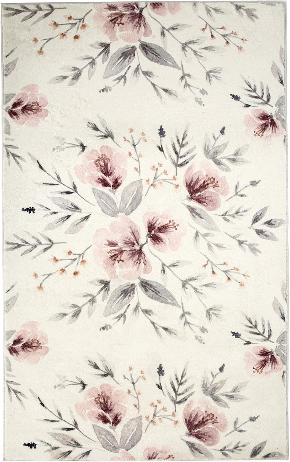 Levtex Home - Adeline Flowers - Rug/Carpet - 5 x 7 (60in. X 84in.) - Pink, Grey and Cream - 100% Polyester - Woven Fabric Backing - Bedroom, Playroom, Family Room or Kids' Room