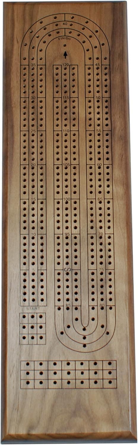 Classic Cribbage Set - Solid Walnut Wood Continuous 3 Track Board with Metal Pegs