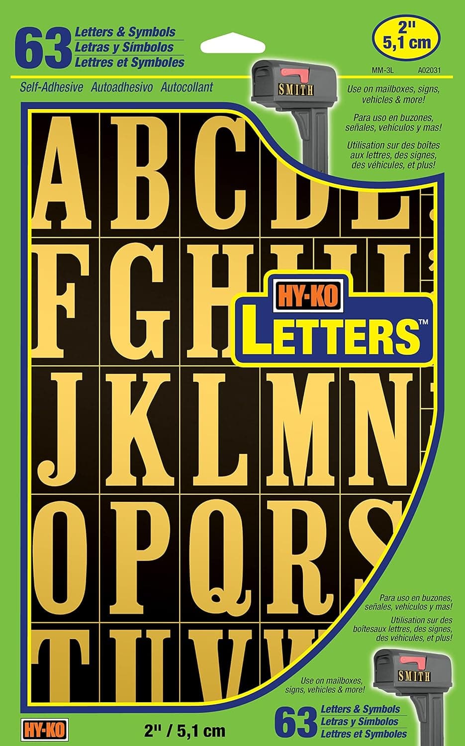 Hy-Ko Products MM-3L Self Adhesive Vinyl Letters 2" High, Black & Gold, 63 Pieces, Black/Gold