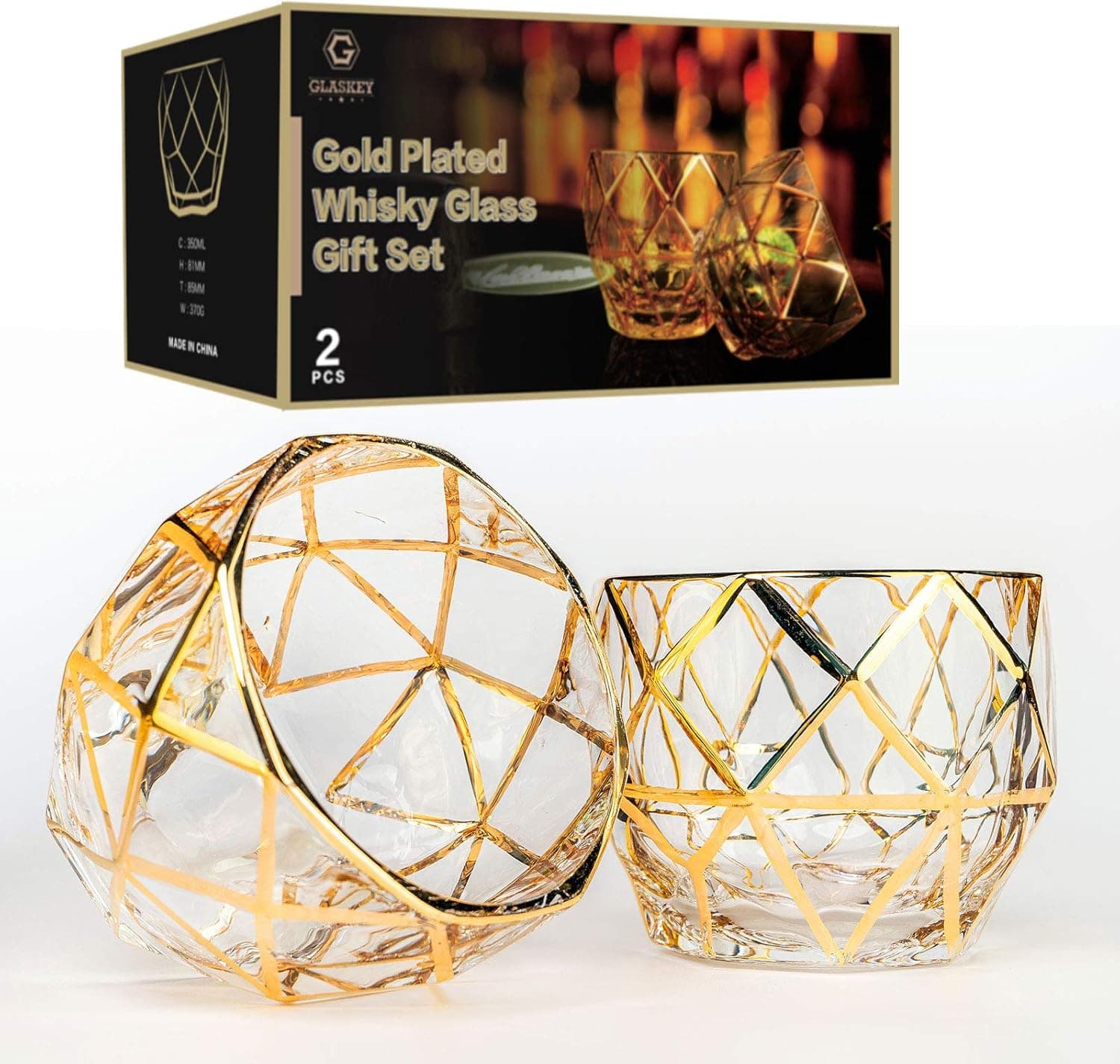 GLASKEY Unique Whiskey Glasses Set of 2, 12 oz Extra Wide Heavy Sturdy Scotch Glasses for Men, Diamond Look Lead-free Bourbon Glasses Fits Big Ice Ball (2 Pack, Gold)