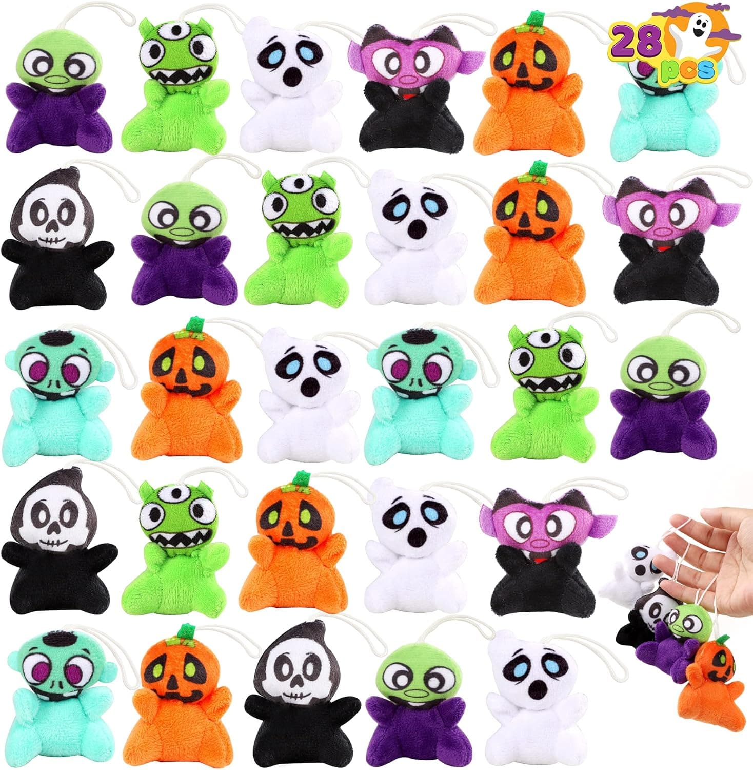 JOYIN 28 PCS Halloween Mini Plush Toy Assortment with 7 Halloween Characters, Mini Halloween Plush Toy for Kids Halloween Party Favors, Goodie Bag Fillers, Exchange