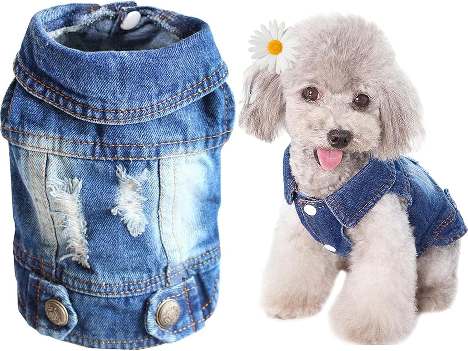QEQRUG Dog Clothes Jean Jacket Dog Vest Vintage Washed Denim Dog Outfits for Small Medium Large Dogs Cats Puppy Pet Clothes Ripped Hole Dog Shirt