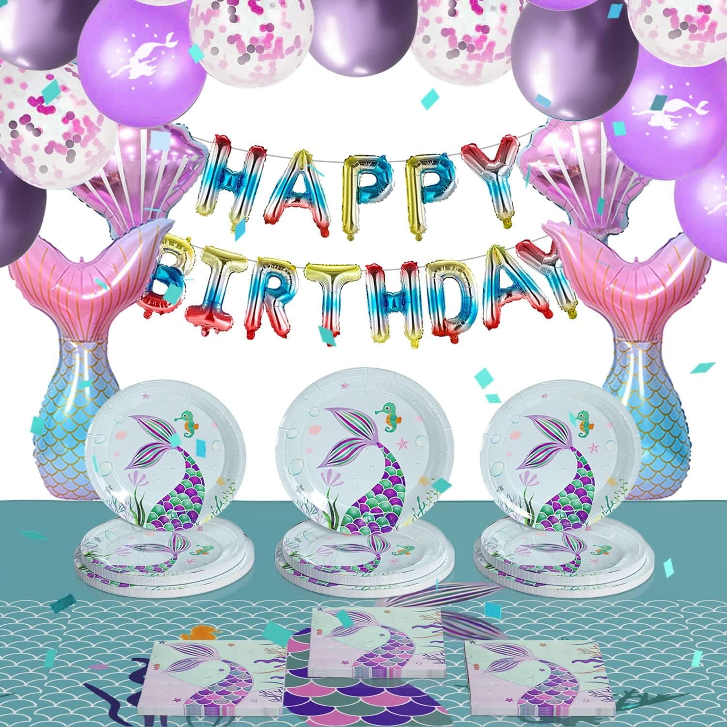 AinDen Mermaid Party Supplies Set for 16 Guests, Mermaid Party Decorations, with 7 & 9'' Platers, Napkins, Tablecloth, Banner, Mermaid Tail Balloons