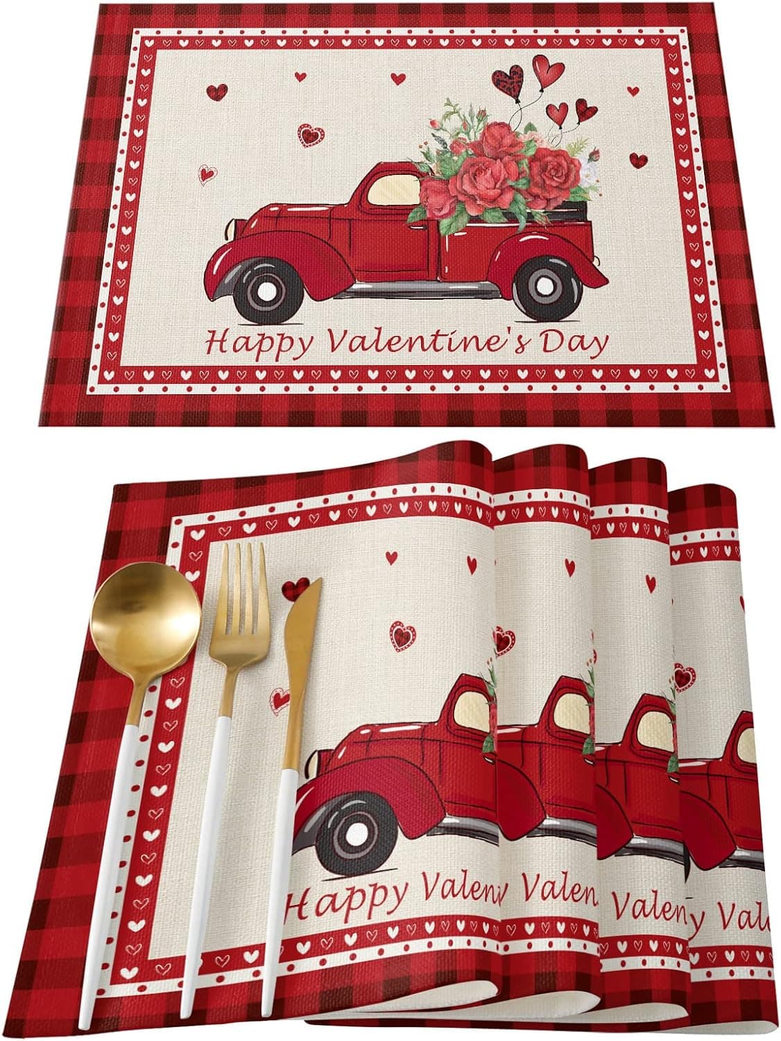 Valentines Day Placemats for Dining Table Set of 6 Happy Valentine's Day Red Truck Cotton Linen Table Mats Rose and Heart Shaped Balloon Washable Placemats For Holiday Parties, 13 x 19 inch