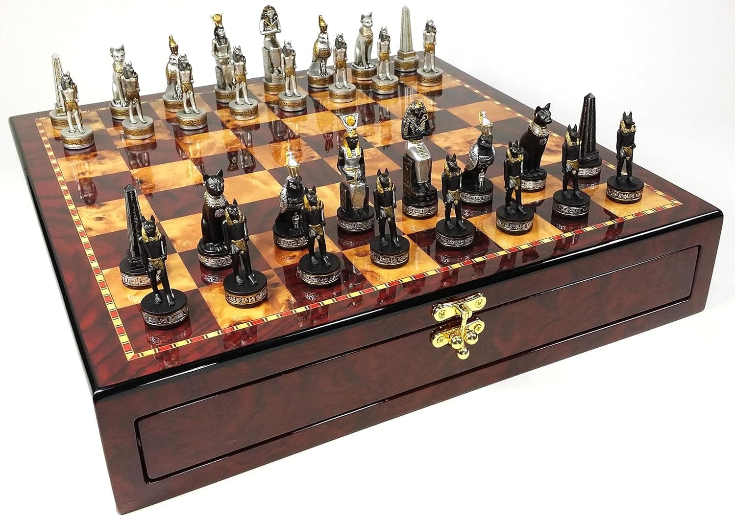 Egyptian Anubis Black and Silver with Gold Accents Chess Set High Gloss Cherry and Burlwood Color Storage Board