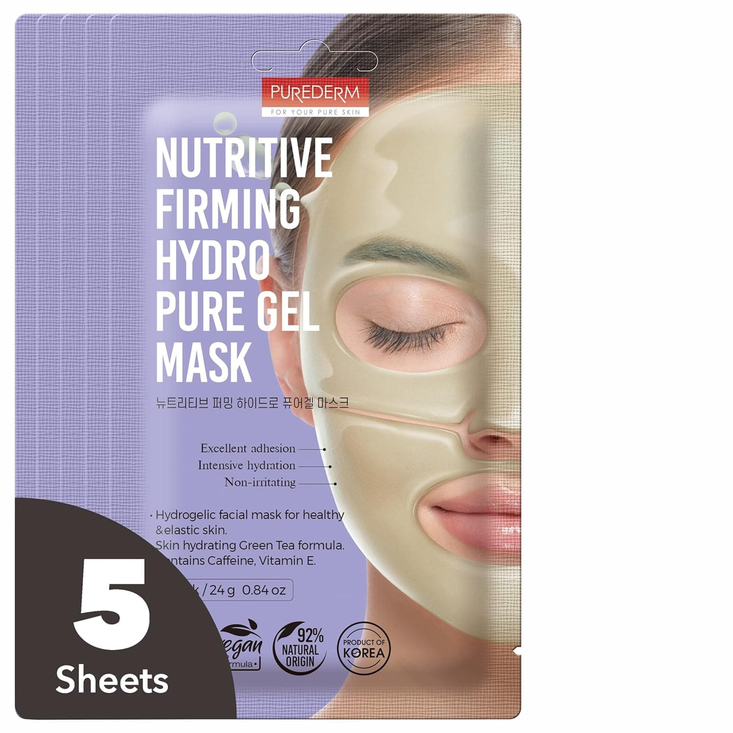 PUREDERM Nutritive Firming Hydro Pure Gel Mask (5 Pack) - Korean Beauty, 100% Hydrogel Sheet Face Mask for Dry Skin with Hyaluronic Acid - Deep Moisture to the Skin, Non-irritating - Natural ingredients are completely delivered to the Skin over time and Make the Skin Elastic & Healthy