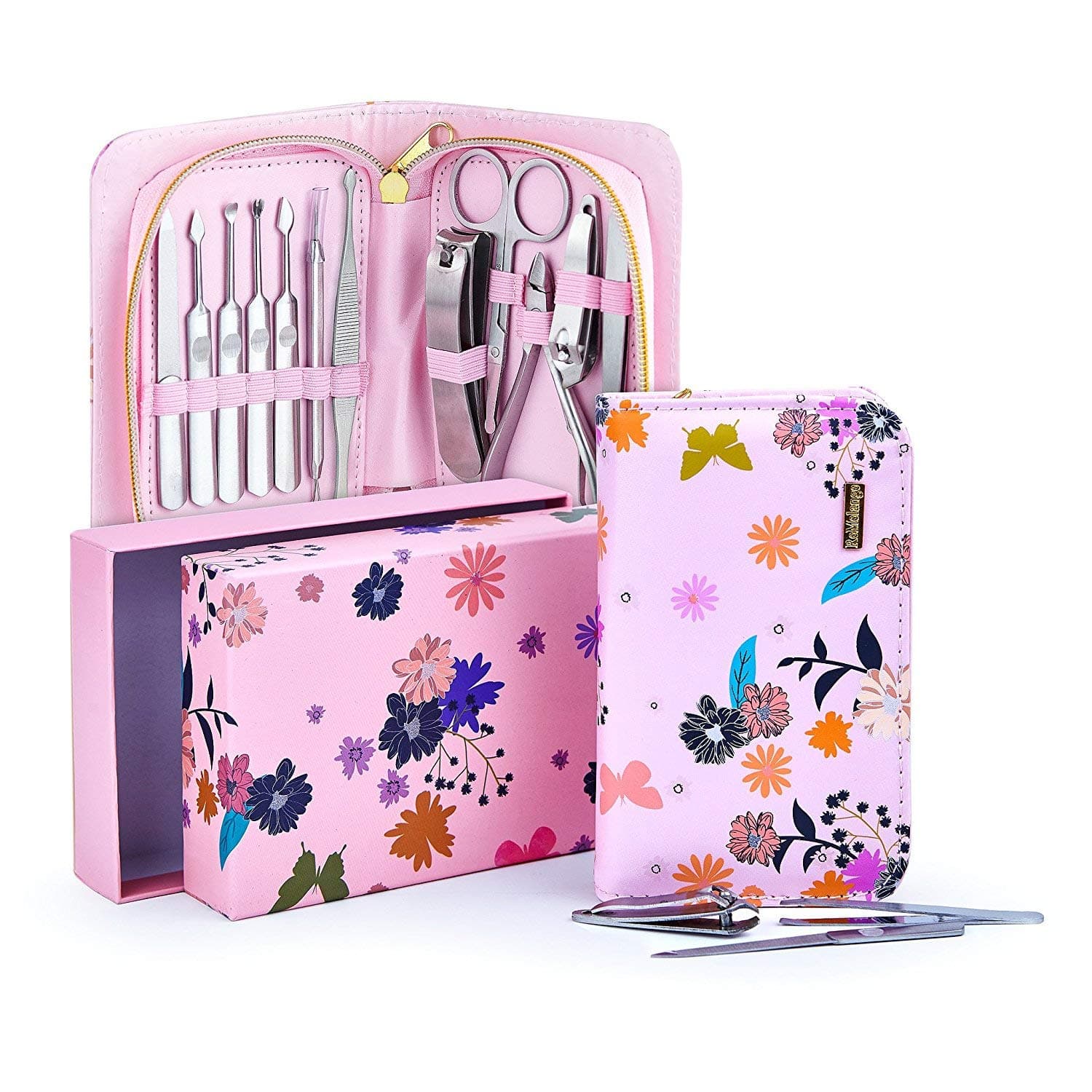 12 Pcs Travel Manicure Set Women Teen, Pedicure Set Women teen, Grooming Kit for Travel Women with Stylish Floral Zipper Case. ReMelange Professional Manicure Set Gift Lightweight Pedicure Set (Pink)