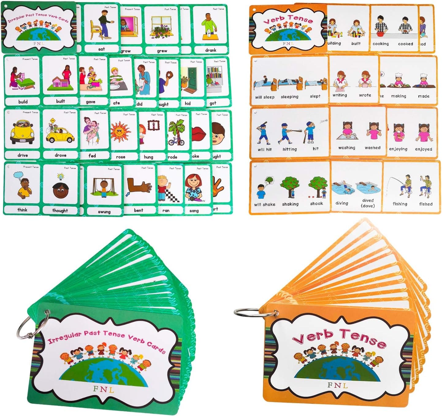 Richardy Irregular Verbs/Verb Tense 2 Themes English Flash Cards Kids Pocket Card, Kindergarten Preschool Educational Toys, Kindergarten Supplies