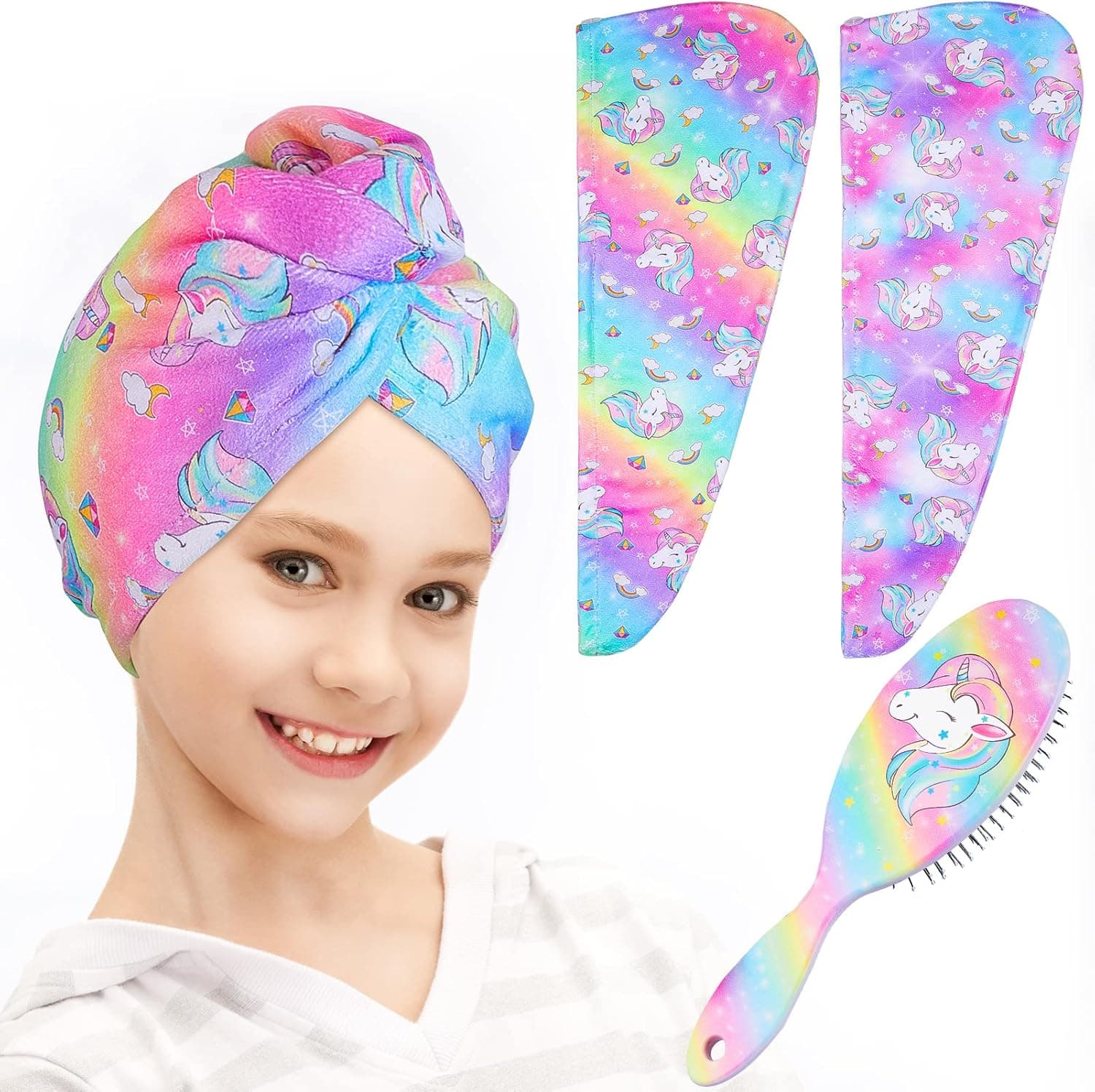 FIOBEE Microfiber Hair Towel Wrap for Kids, Hair Drying Towel Hair Turbans for Kids Wet Hair Brush Detangling Brush for Girls Thick Curly Hair 2 Pack, Rainbow