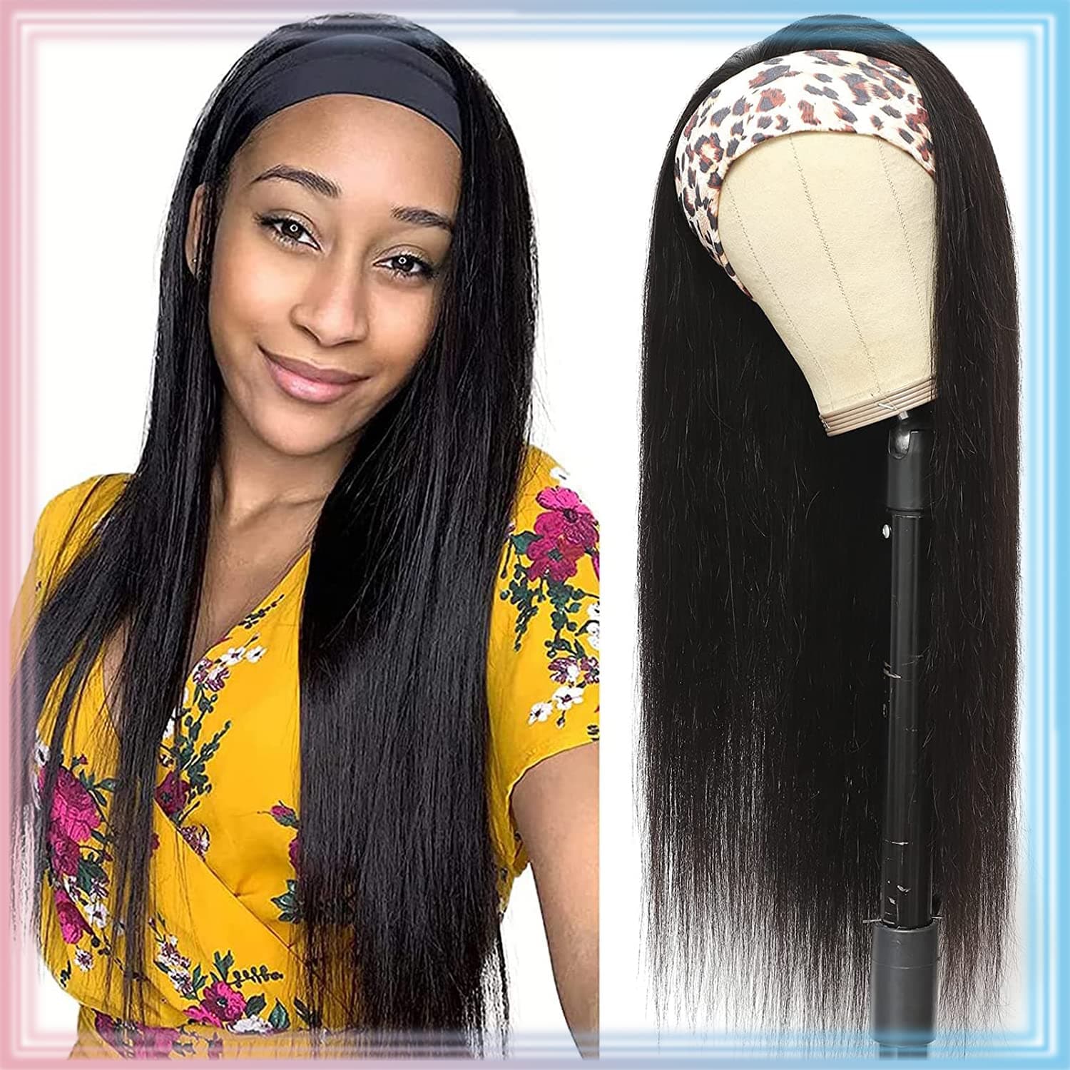 Human Hair Headband Wigs, Straight Headband Wigs for Black Women, Human Hair Glueless None Lace Front Headband Wigs Brazilian Virgin Human Straight Hair 150% Density Natural Color (18 Inch)