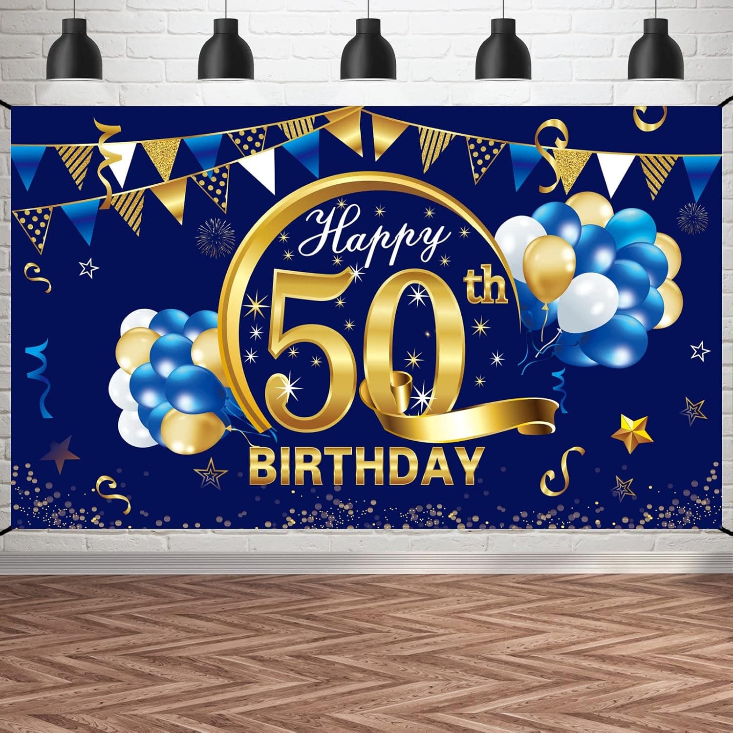 Kauayurk Blue Happy Birthday Banner Decorations for Men, Blue Gold Birthday Backdrop Party Supplies, Birthday Photo Background Sign Decor (blue 50th)